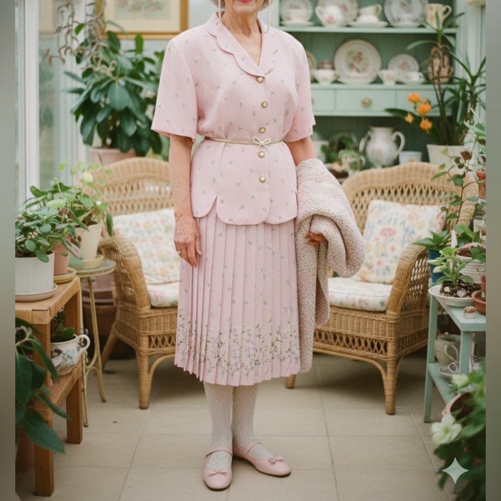 Leslie Fay Light Pink Floral Pastel Midi Skirt with button down top short sleeve